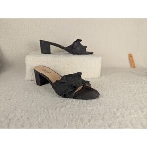 Ruffle Block Heel Denim Slide Sandals Sz 7.5 Lena Luisa
